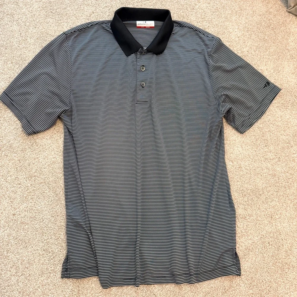 Grand Slam Performance Polo Shirt‎ Mens Large Black White Striped Golf